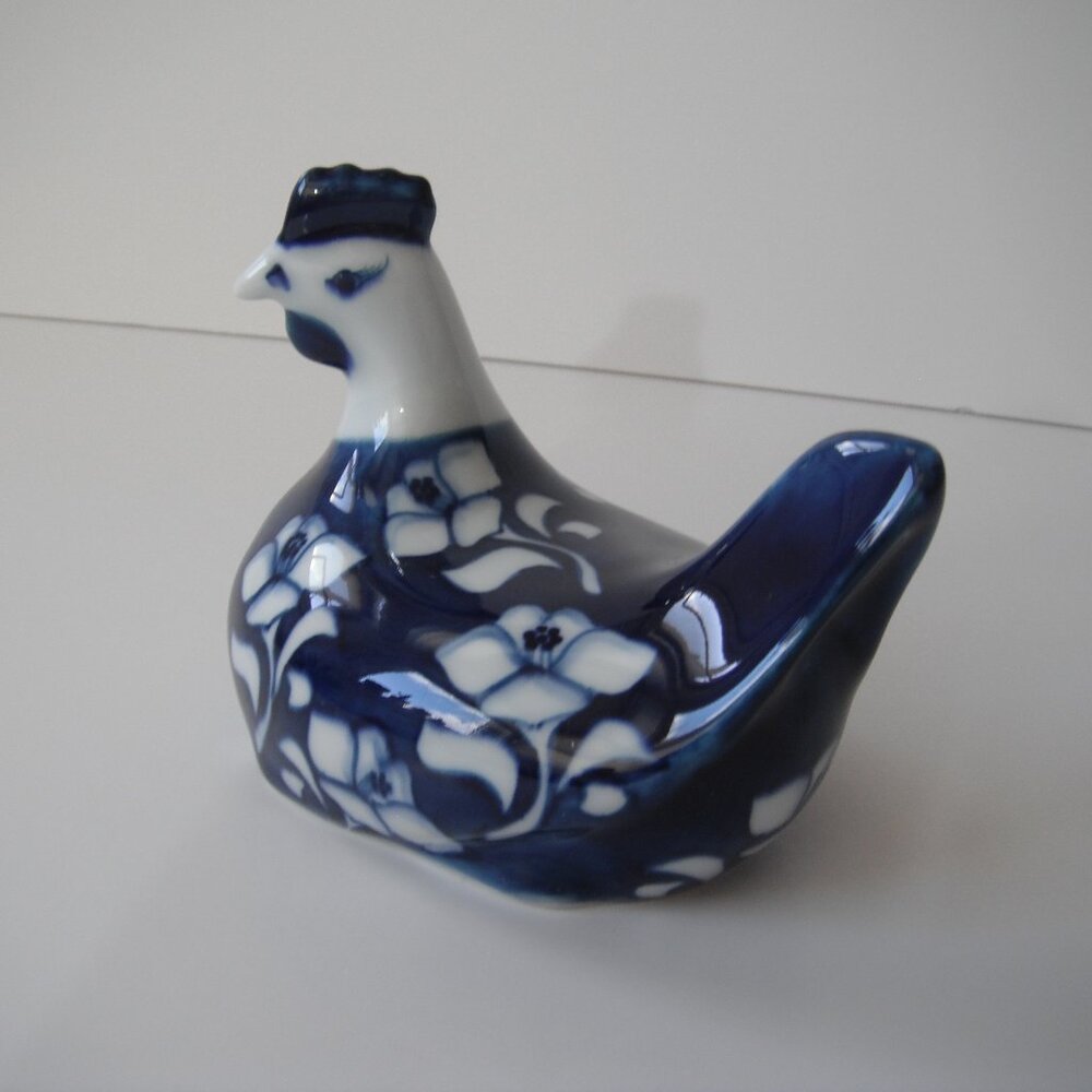 Gallo Design Royal Blue Hand Painted Chicken Hen Blue & White Floral Porcelain